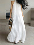 Elegant White Halter-Neck Pleated Dress