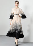 Ivory Contrast Print Pleated Midi Dress with Belt
