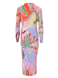 Bright Floral Abstract Print Pleated Stretch Dress