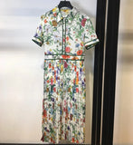 Floral Print Pleated Midi Dress with Turn-Down Collar