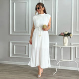 Bright Sleeveless Pleated Maxi Dress with Belt