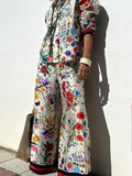 Women 2 Pieces Tracksuits Outfits Fiesta Satin Floral Print Button Down Shirts & Pocketed Wide Leg Pants Set